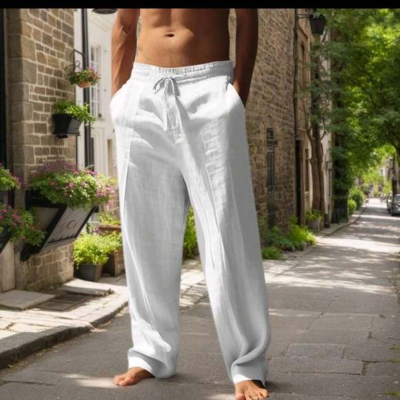 White Linen Drawstring Pants - Picture 1 of 3
